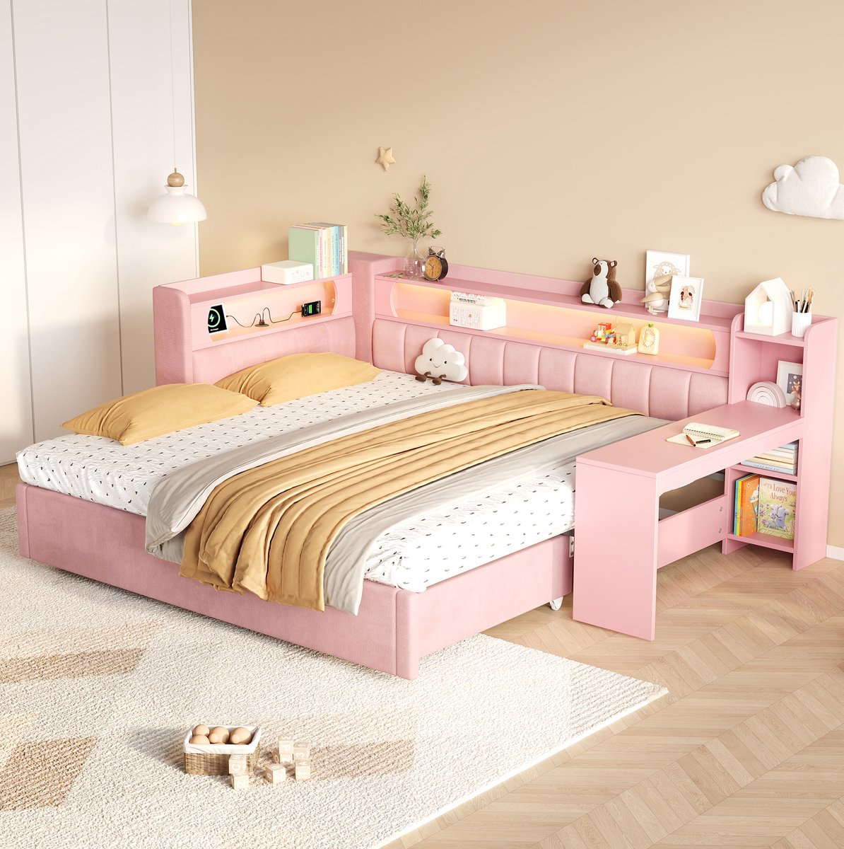 MODENUIT Bed – 90 x 200 cm – Uitschuifbaar Tot 180 x 200 cm – MDF en Stof – Roze – Met Bureau, Led en USB – 12 Latten