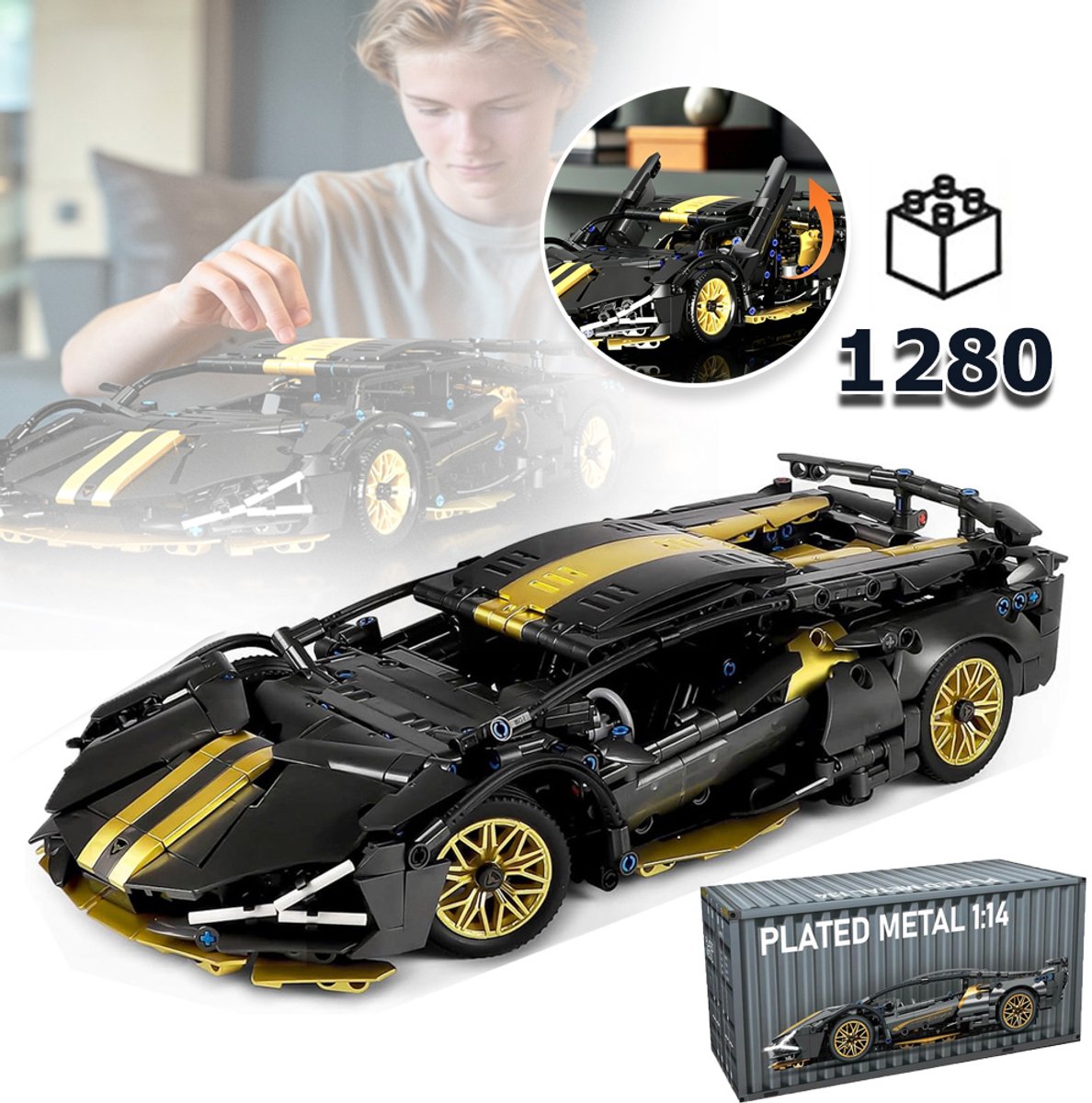 Schaal 1:14 En 1280 Onderdelen – Sportwagen Modelbouwset Van ABS – Prachtig Ontwerp – Ideaal Cadeau Voor Autoliefhebbers – Zwart-Goud