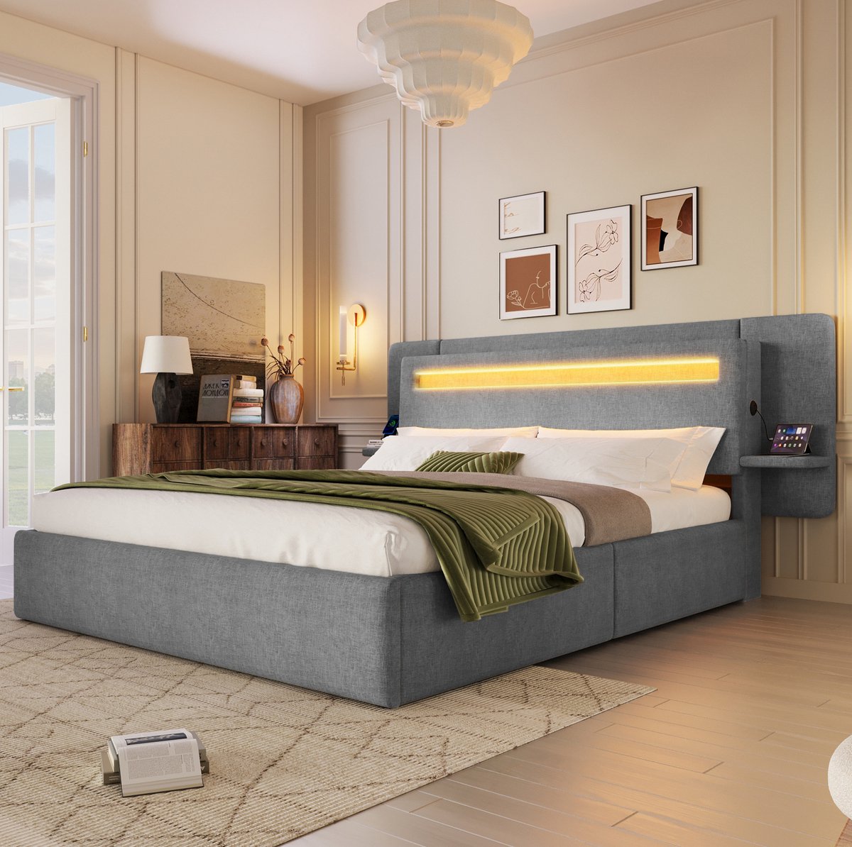 MODENUIT Gestoffeerd Bed - 140 x 200 cm - MDF en Linnen - Grijs - Ledverlichting, Usb-Aansluiting en Opbergruimte