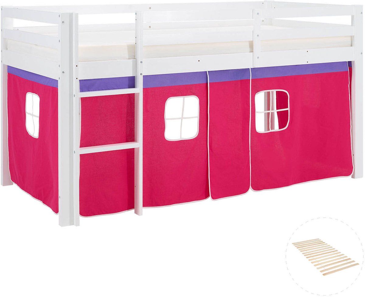 Homestyle4u Hoogslaper - 90x200 cm - met lattenbodem - ladder - gordijn roze Wit