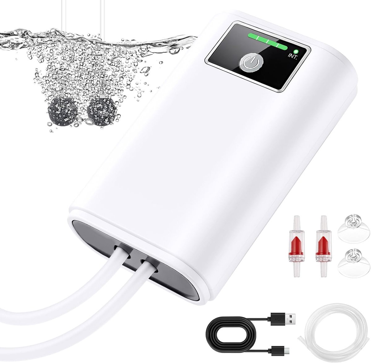Draagbaar, luchtpomp, aquarium, USB-luchtpomp voor aquarium met luchtstenen, batterij 2600 mAh, stille aquariumpomp, twee voedingsmodi, pomp 1,5 - 2 l/min x 2