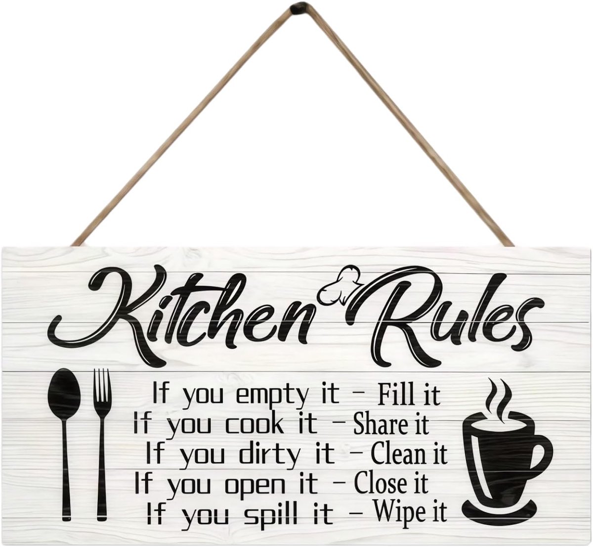 Keukenbordje Kitchen Rules | 20x10cm Rustieke Muurdecoratie met Ophangtouw | Wandbord voor Keuken, Eetkamer en Koffiecorner