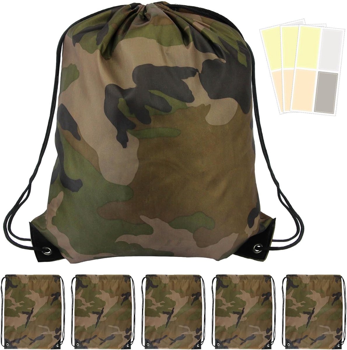 6 stuks camouflagetassen met trekkoord, 42 x 34 cm, camouflagepatroon, polyester pakket, lichtgewicht campingtas met trekkoord voor sportschool, reizen, sport, feestgeschenk