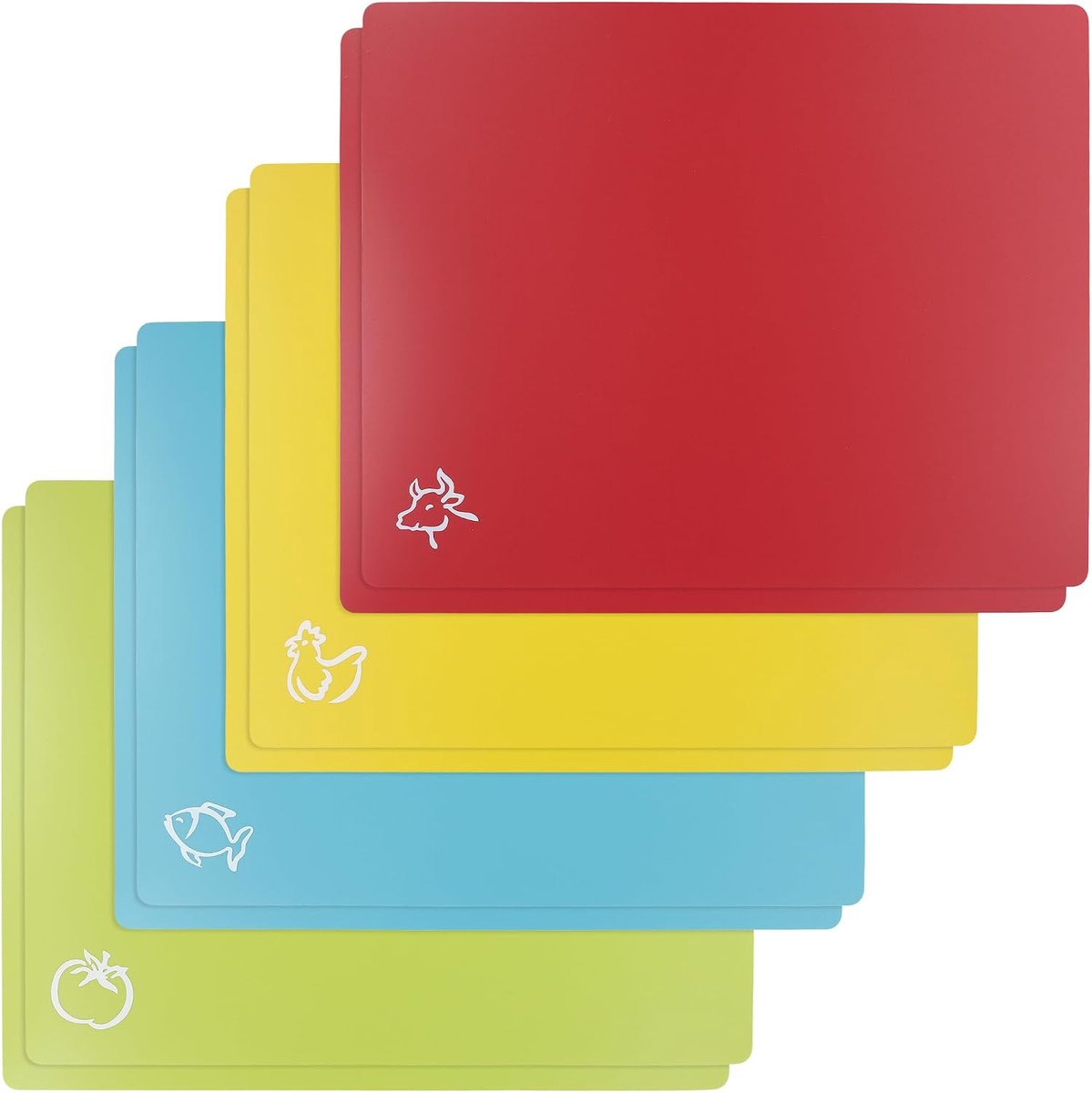 8 stuks snijmat kunststof, 38 x 30,5 cm snijplank, flexibele set voor keuken groenten, fruit en vlees, rood, geel, blauw, groen