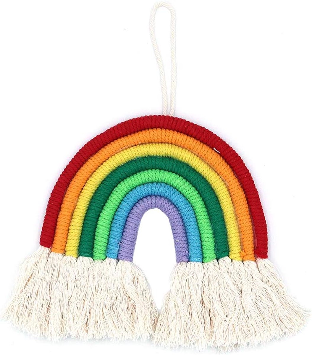 Regenboog Macrame Muur Opknoping - Handgemaakte Geweven Katoen Tapestry frontons, Bohemian Craft Gift voor Slaapkamer Speelkamer Woondecoratie (Kleurrijk)