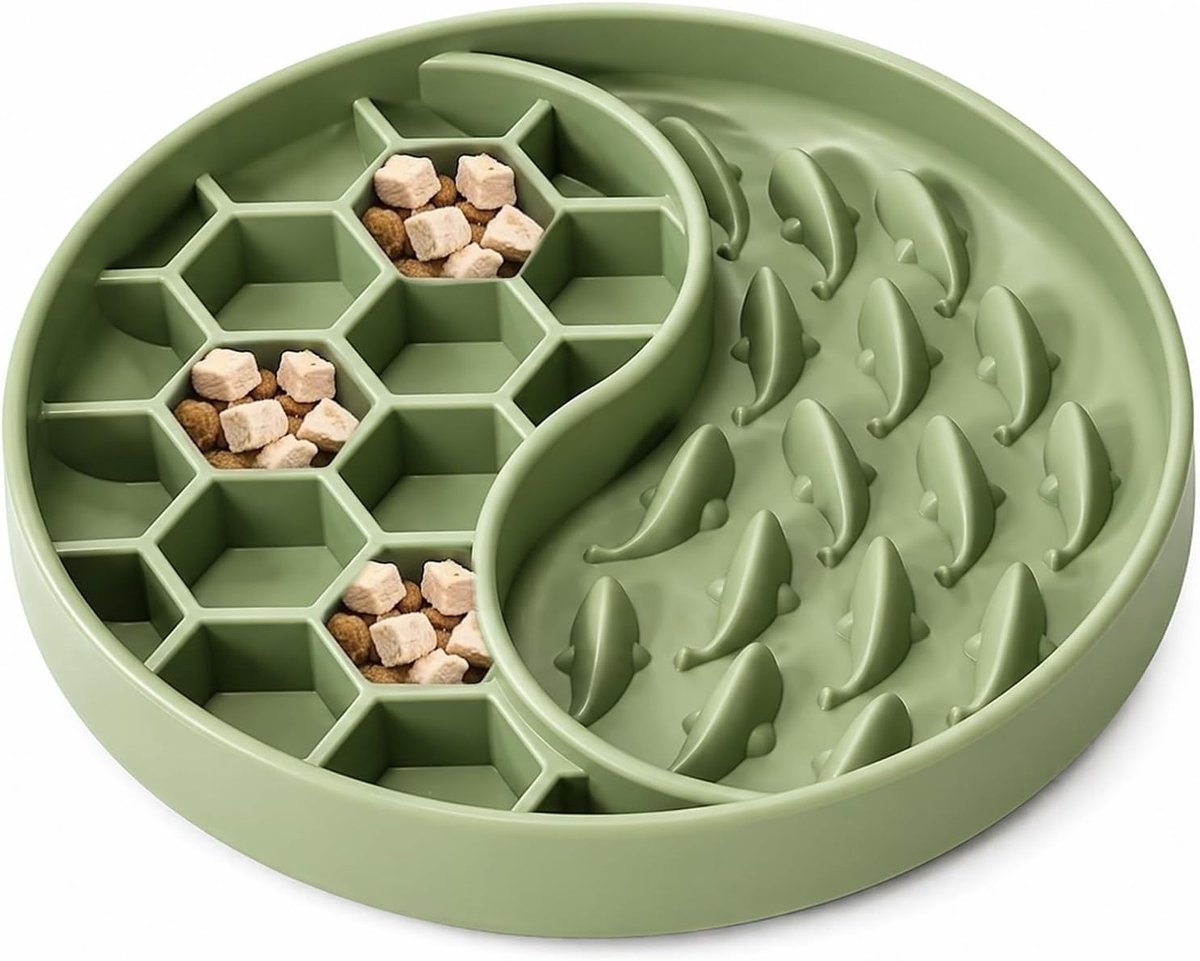 Anti-schrokbak voor honden en katten, slowfeeder met zuignap, likmat voor natvoer en droogvoer, anti-schrokbak voor kat en hond, BPA-vrij (olijfgroen)