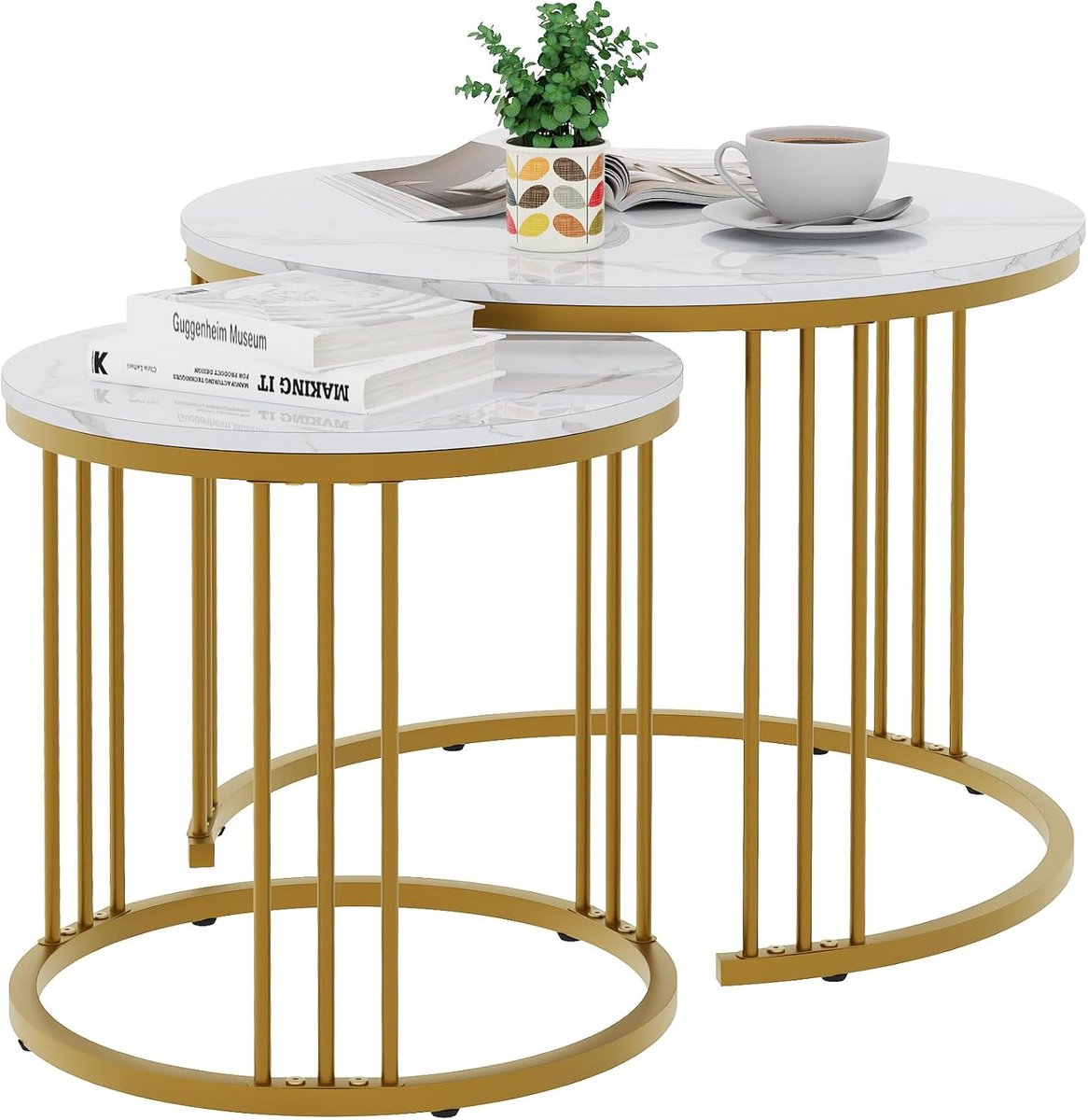 Salontafel Rond, Nesteltafelset 2-Delig, Woonkamertafel Van Hout, Bijzettafelset, Salontafel Voor Woonkamer, Slaapkamer, Kantoor, Balkon, Goudkleurig Metalen Frame En Wit Marmeren