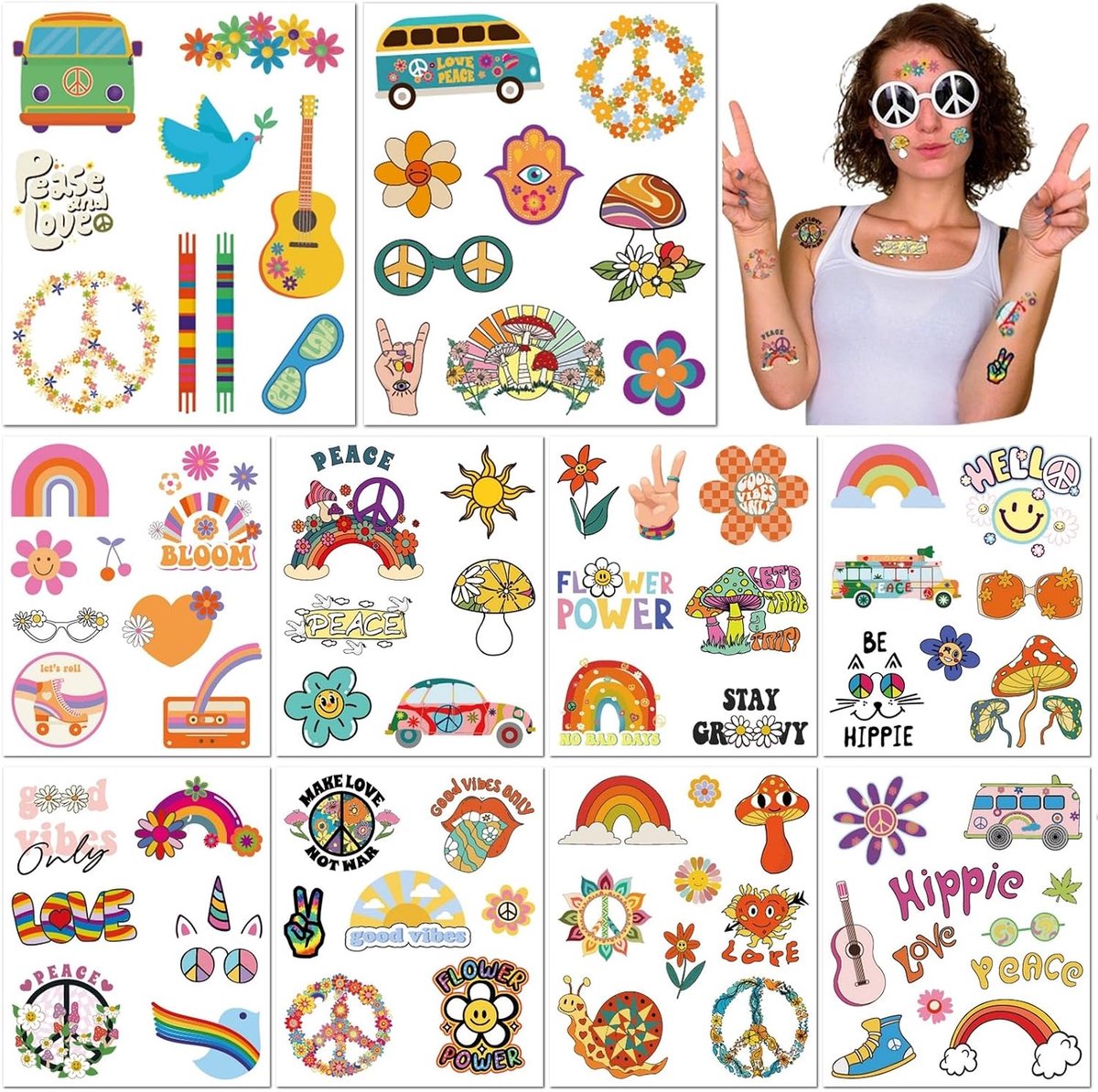 Tijdelijke Tattoos Jaren 70 Waterdicht Liefde Vrede Flower Power Smiley Gezicht Regenboog Stickers voor Verjaardagsfeest Band Festival