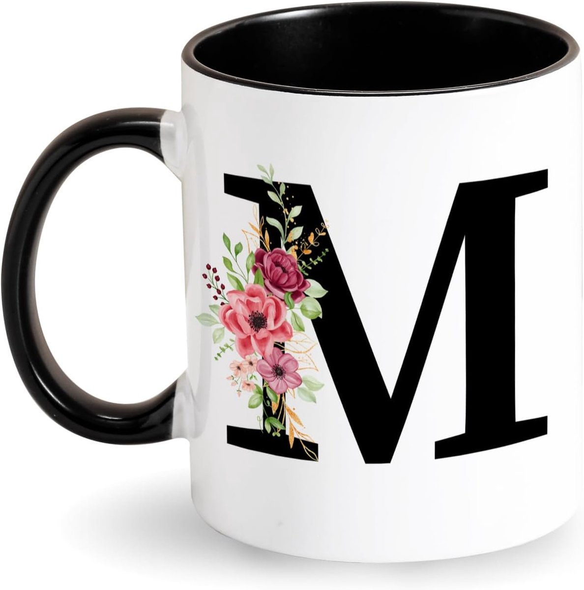 Mok met initiaal koffiemok - Letter keramische mok - zwarte beker met bloemen alfabet mok geschenken voor vrouwen vriendin echtgenote voor verjaardag Valentijnsdag Moederdag (M)