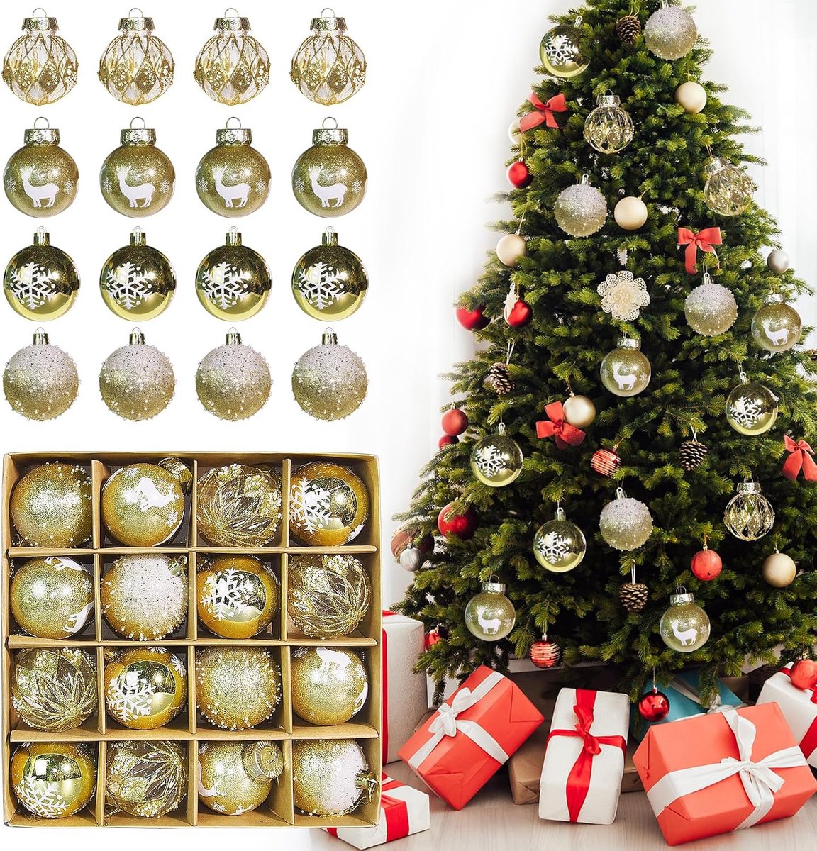 Kerstballen, 6 cm, kerstboomballen, gepersonaliseerde kerstballen, goud en wit, kerstboomversiering, kerstdecoratie, voor binnen en buiten