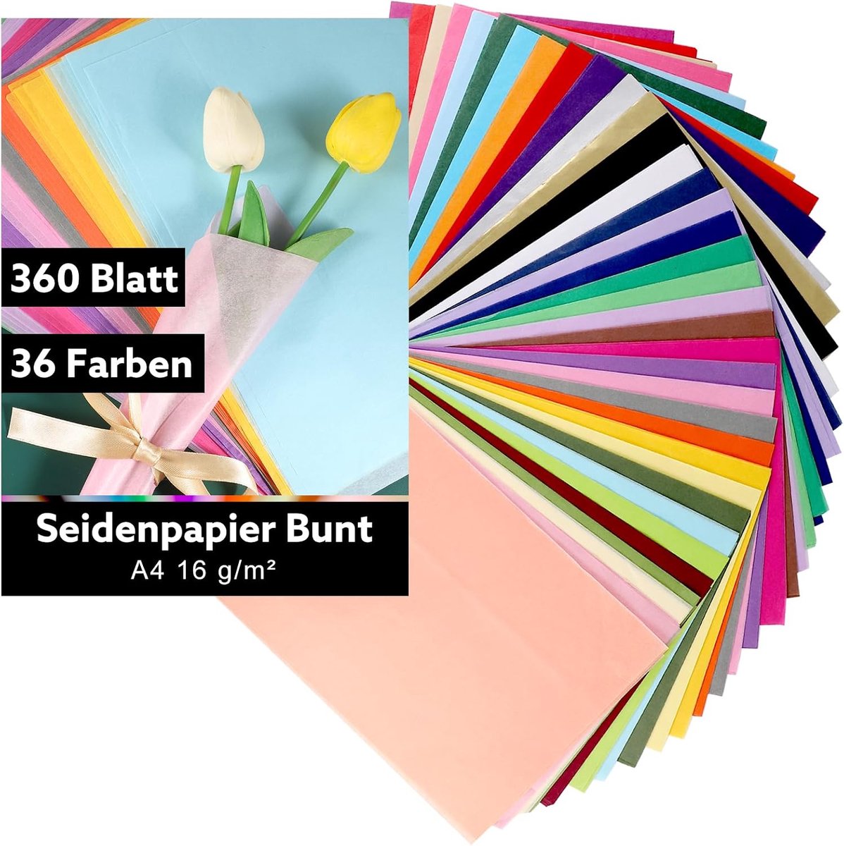 360 vellen kleurrijk A4 calqueerpapier, 36 kleuren, 10 vellen/kleur, 20 x 29 cm, 320 g, voor knutselen, bruiloftsdecoratie, verpakking, doe-het-zelf boeket