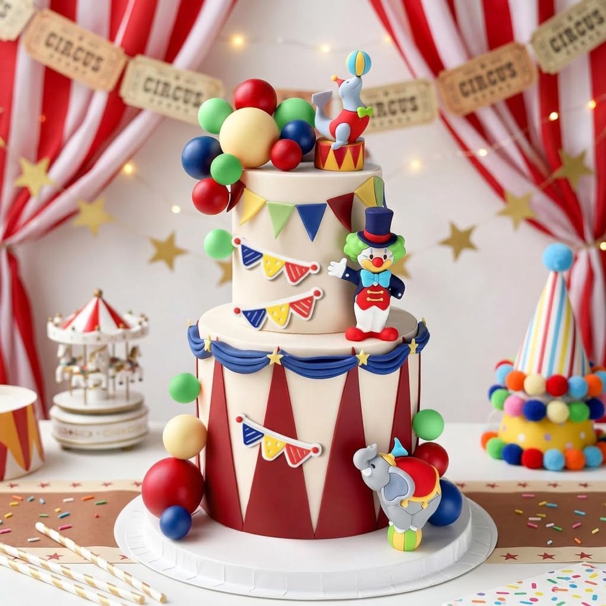 Circus taart decoratie verjaardag ballen taart prikkers carnaval baby