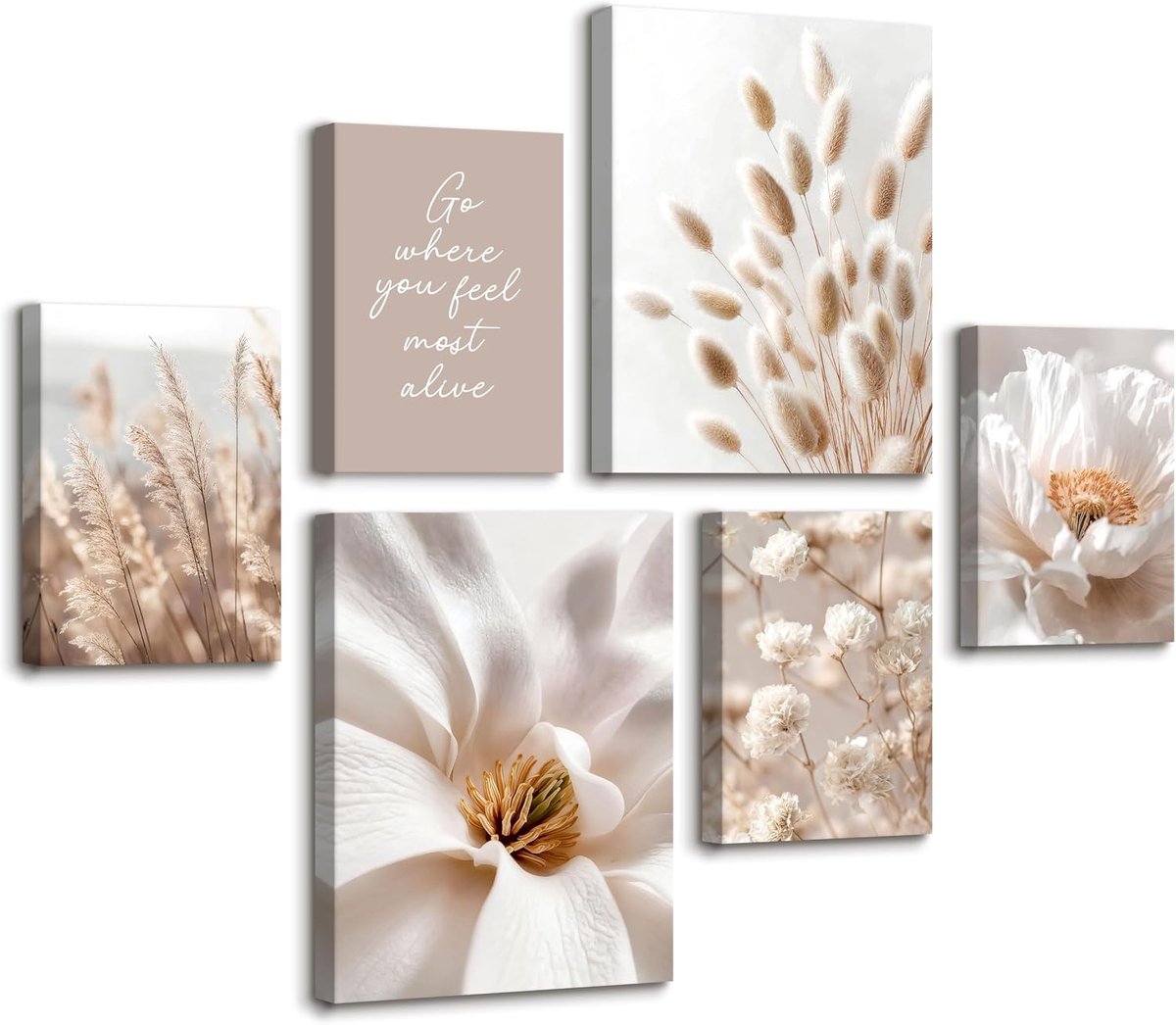 6 stuks canvasprints met lijst, bloemen, beige, bruin, neutraal schilderij, pampasgras, boho, poster botanische bloemen, moderne foto's, woonkamer, slaapkamer, 30 x 40 cm x 2 + 20 x 30 cm x 4