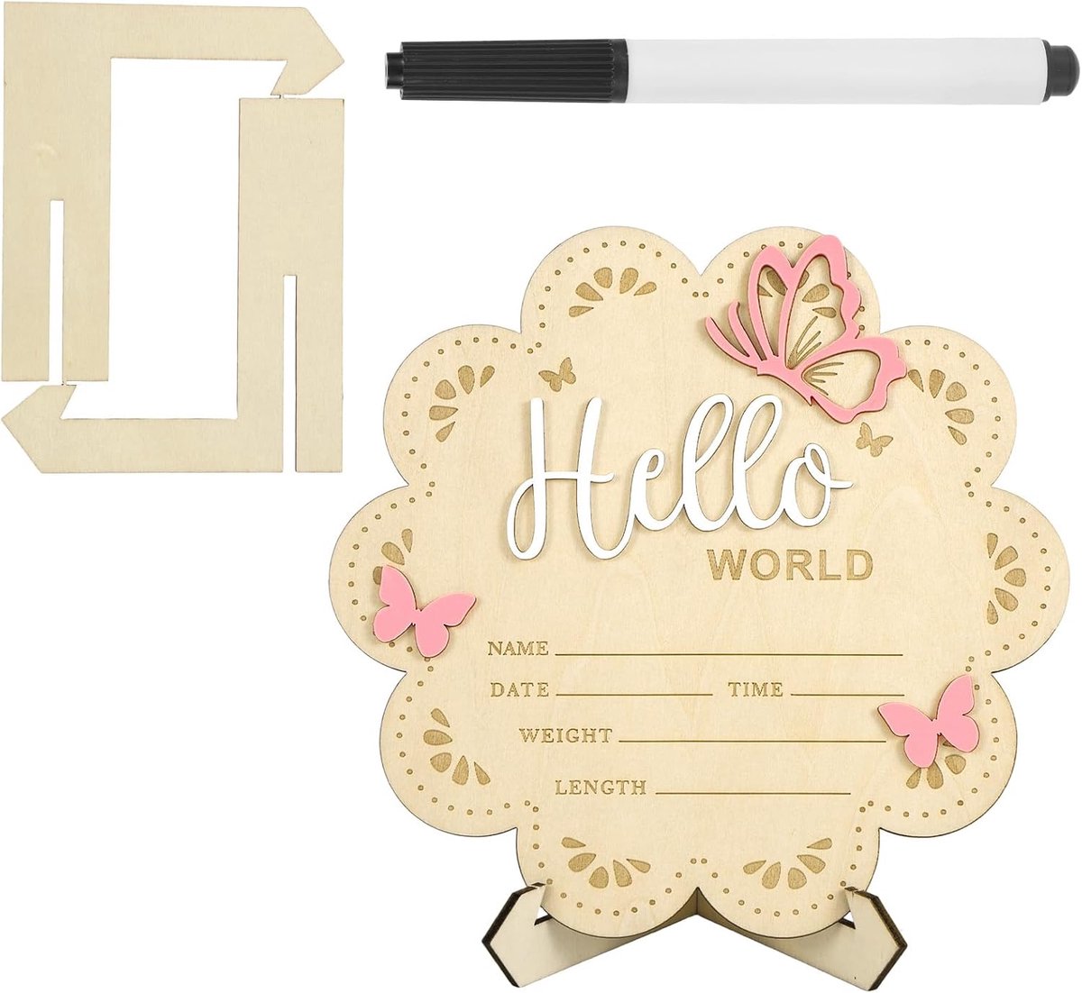 World Geboortebord, 15cm Houten Baby Aankondigingsbord met Beugel & Pen Welkombord voor Jongens Meisjes Baby Shower Foto Props Decor (Stijl 1)