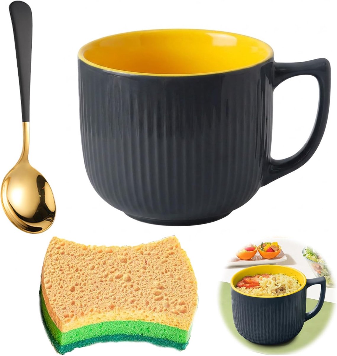 900 ml Ramen kom met deksel, soepkom voor magnetron, soepkommen met handvat, grote soepbeker, vaatwasser, voor muesli, ramen (donkergrijs)