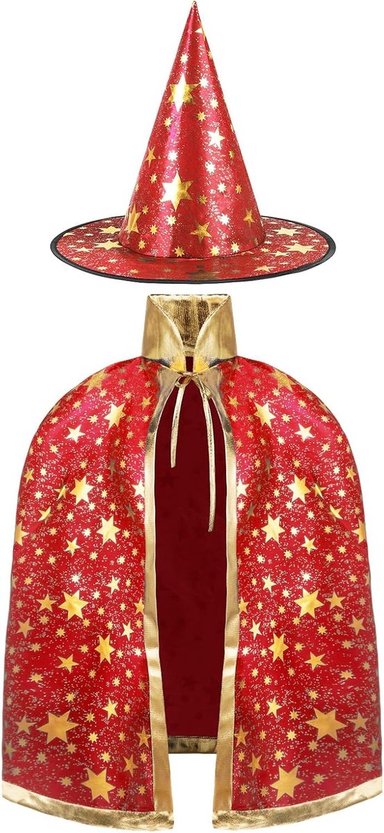Heksenmantel kinderen, heksenkostuum, mantel en hoeden voor kinderen, Halloween-kostuum rekwisieten, kostuum met gouden sterrenpatroon voor kinderen, meisjes, Halloween, feest