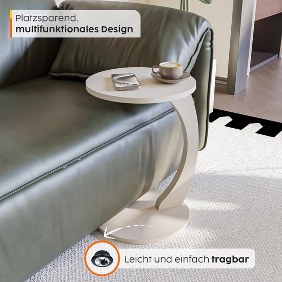 Sugodesign Salontafel met wieltjes, kleine bijzettafel C-vorm, bijzettafel, bank, stijlvolle salontafel in mooi zand-beige-look, ronde tafel als legplank voor bank en woonkamer, C-vorm — afbeelding 3