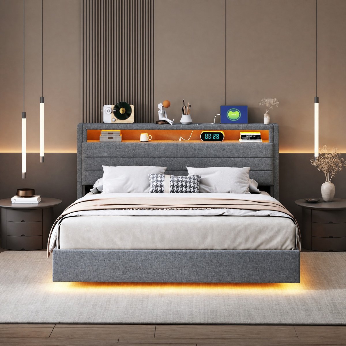 WUVRIE Gestoffeerd bedframe 140x200 cm met hydraulische opbergruimte, USB en LED-verlichting, grijs