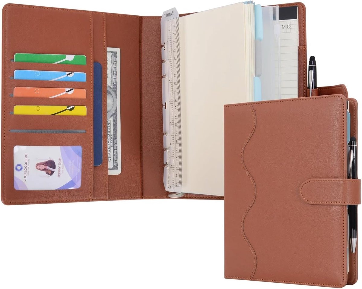 SnelShoppen - A5 Lined Journal PU Lederen Ringband Met Schrijfboard en Pen - Herbruikbare Spiral Notitieboek voor School, Werk en Reizen (Bruin)