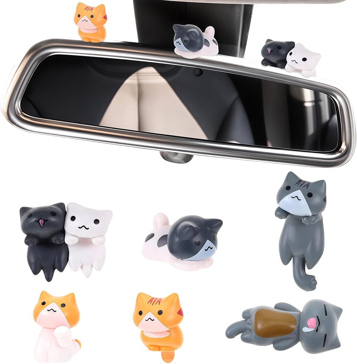 SnelShoppen - 6pcs Schattige Kat Auto Accessoires - Grappige Hars Kat Figuren Dashboard Decoraties, Achteruitkijkspiegel Kitten Figuren, Interieur Dec