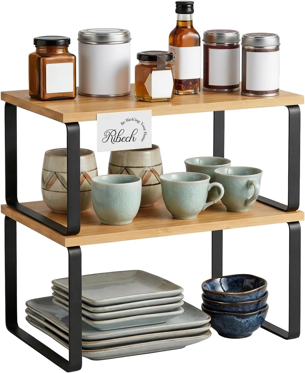 SnelShoppen - Spice Rack Set van 2 - Bamboo en Metaal - Keuken Organizer met Uitbreidbaar Ontwerp - Zwart Beige Stapelbare Plank - Kast Organizer Keuk