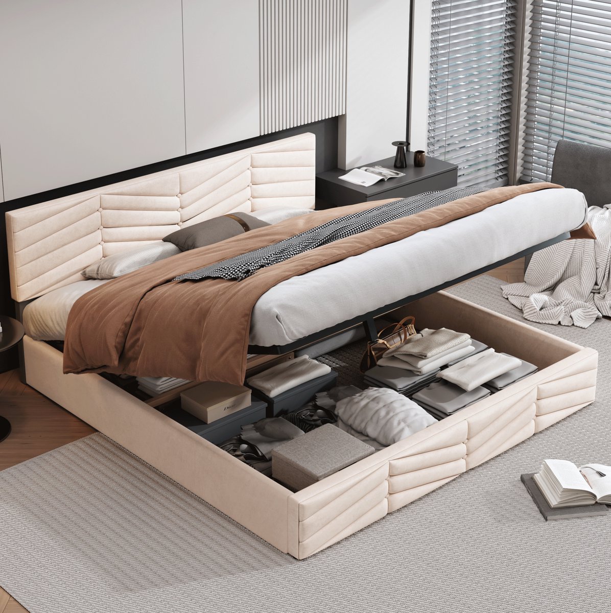 WUVRIE Gestoffeerd tweepersoonsbed 180x200 cm met hydraulische opbergruimte en verstelbaar hoofdeinde, beige