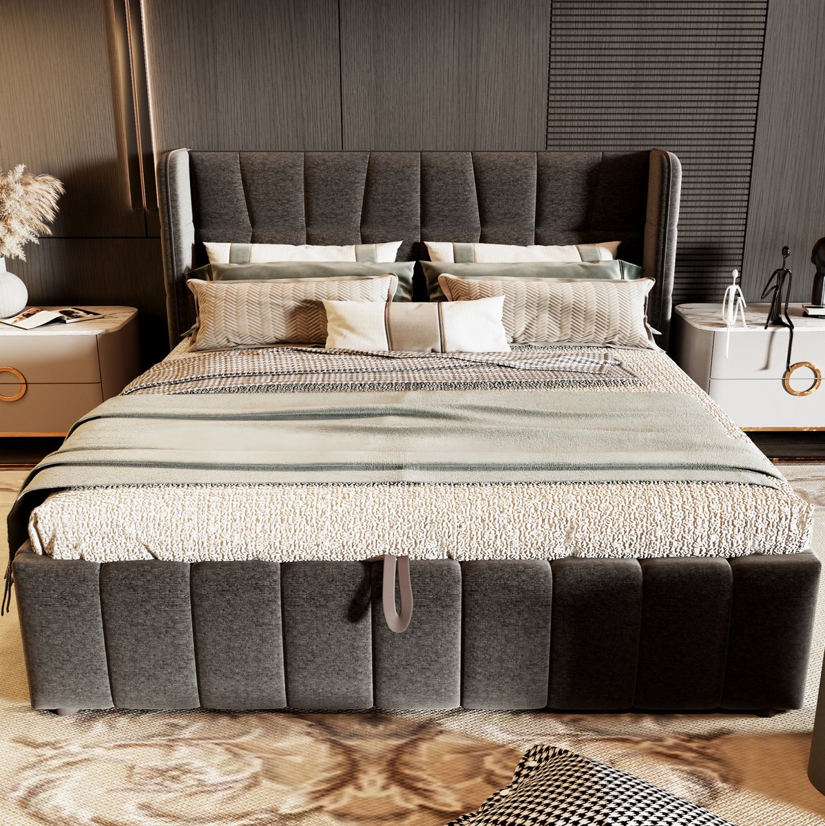 WUVRIE Gestoffeerd opbergbed 180x200 cm met lattenbodem en pneumatisch liftsysteem, grijs