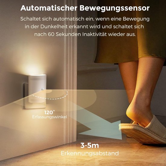 LED Nachtlampje met Bewegingssensor, Dimbaar 0–100 lm, Warm Wit 3000K, Stopcontact Nachtlamp voor Kinderkamer, Trap, Gang, Slaapkamer, Keuken, Badkamer, Wit — afbeelding 2