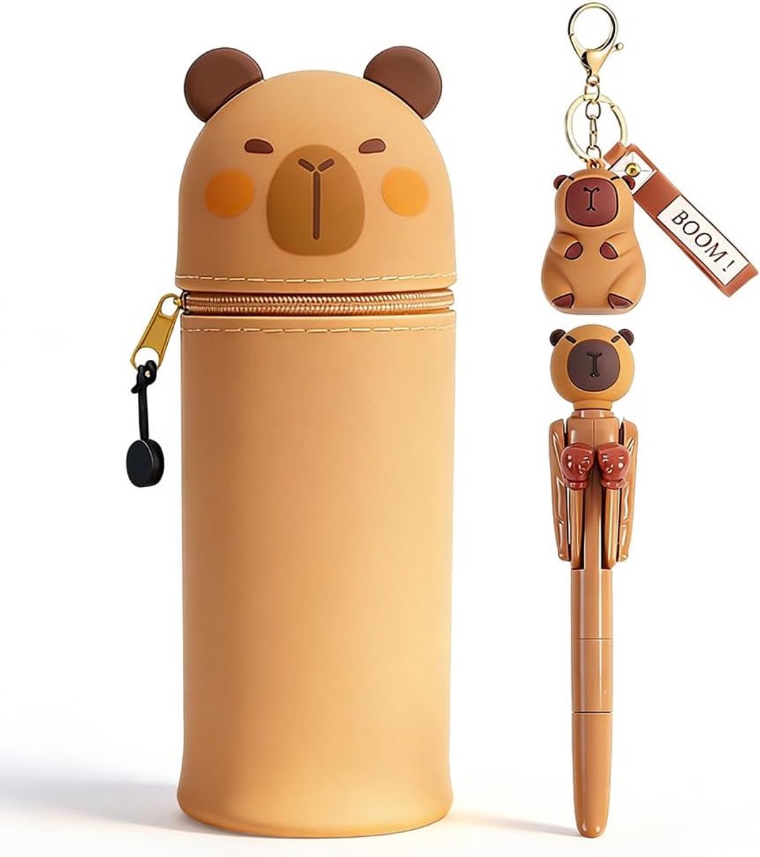 2-in-1 etui van zachte siliconen met Amusany-pen en sleutelhanger van pvc, meerlaags, ruim, ideaal cadeau voor professionele schoolkinderen en liefhebbers van Cuti-Designs, Bruin