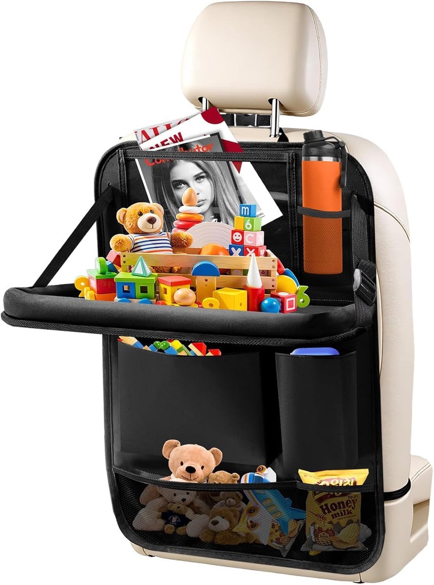 Auto-organizer voor kinderen met inklapbare tafel, waterdichte achterbankbescherming met transparante tas voor tablet/pad, multifunctionele organizer voor reizen in de auto, autostoelhoes, zwart
