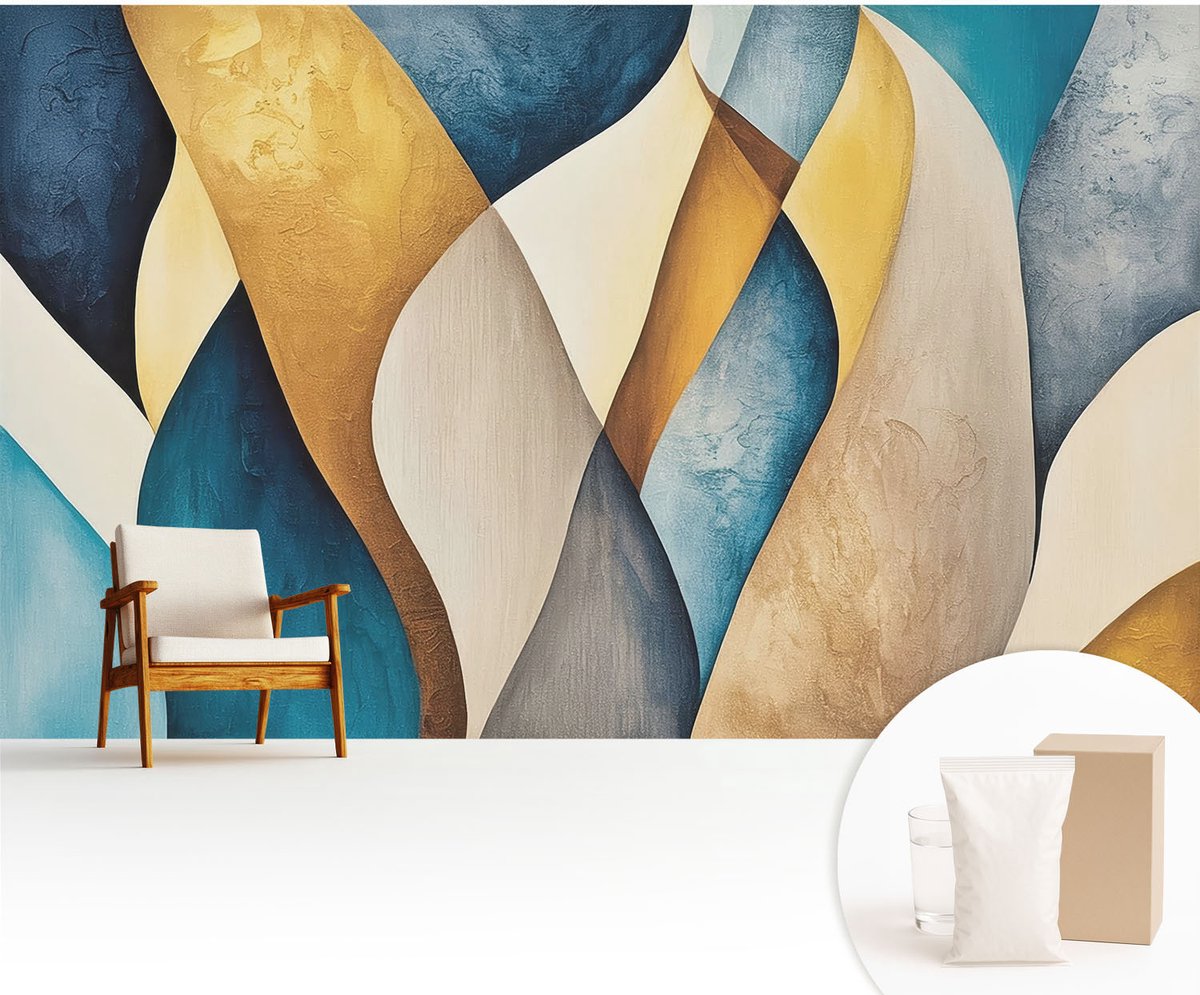 Wallfluent Fotobehang - Blauw Vliesbehang - 416x254 cm - Golvende Abstractie Muurschildering - Gang behang Abstractie - Fotobehang Vlies - Gang behang