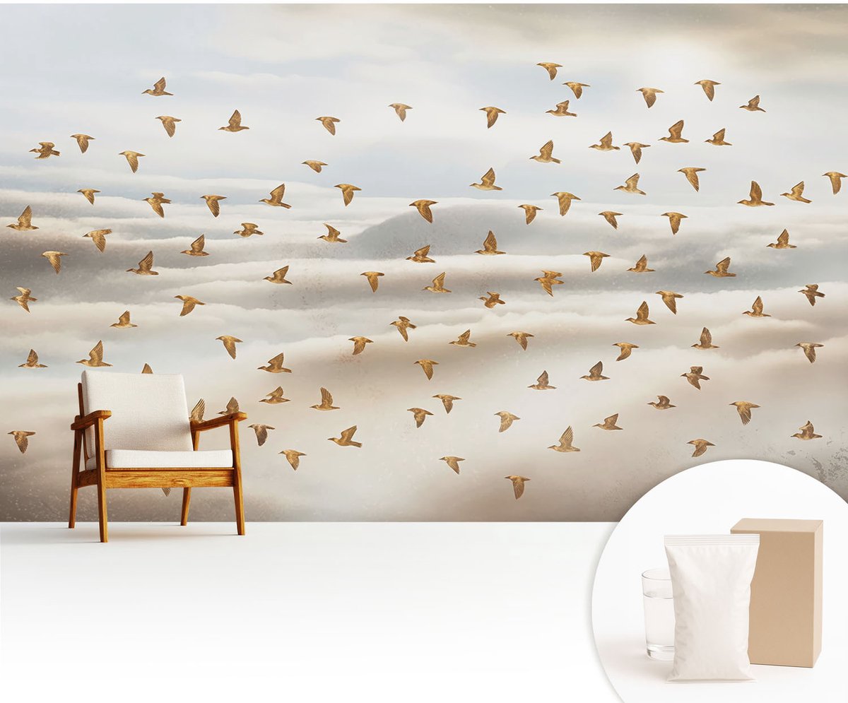 Wallfluent Fotobehang - Beige Vliesbehang - 416x254 cm - Vogels In Vlucht Muurschildering - Gang behang Dieren - Fotobehang Vlies - Slaapkamer behang