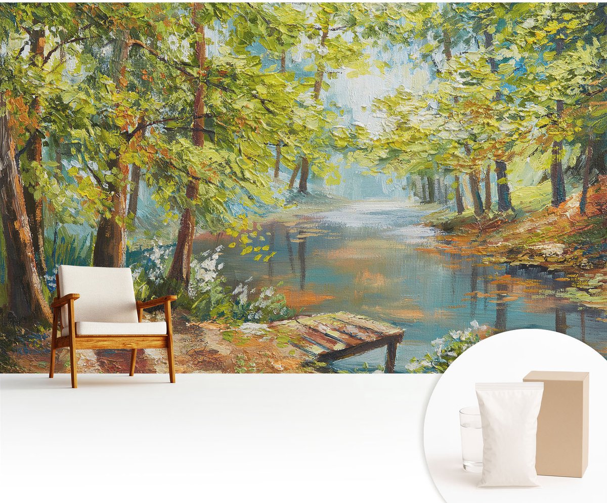 Wallfluent Fotobehang - Groente Vliesbehang - 416x254 cm - Idyllisch Meer Fotobehang Vlies - Woonkamer behang Landschappen - Muurschildering - Woonkamer behang