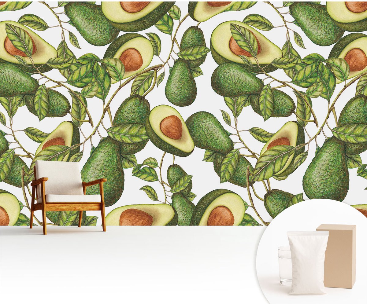 Wallfluent Fotobehang - Groente Vliesbehang - 416x254 cm - Avocado-Patroon Muurschildering - Gang behang Voedsel - Fotobehang Vlies - Slaapkamer behang