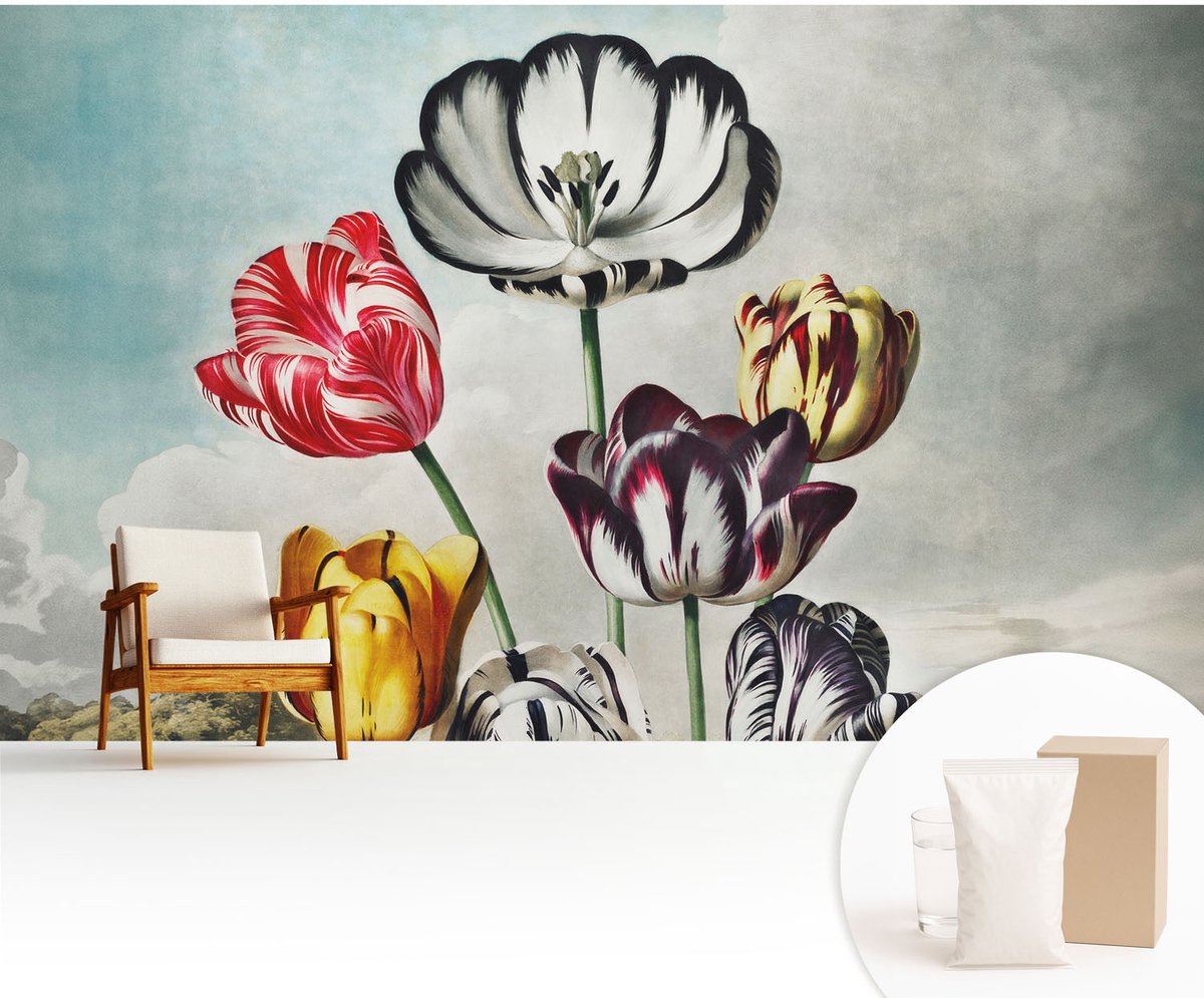 Wallfluent Fotobehang - Zwart Vliesbehang - 416x254 cm - Kleurrijke Tulpen Fotobehang Vlies - Woonkamer behang Bloemen En Planten - Muurschildering - Woonkamer behang