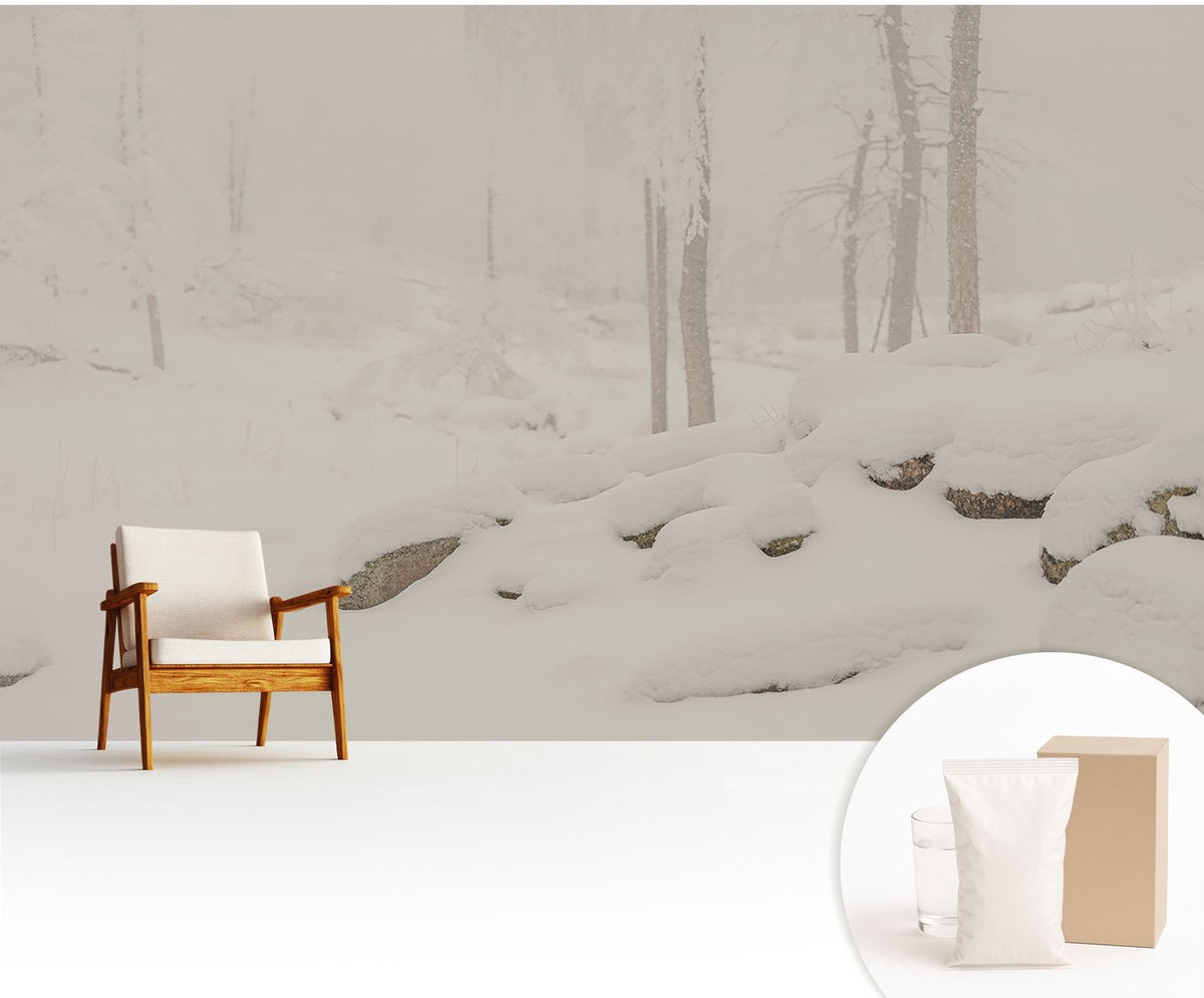 Wallfluent Fotobehang - Wit Vliesbehang - 416x254 cm - Sneeuwbos Muurschildering - Gang behang Landschappen - Fotobehang Vlies - Slaapkamer behang