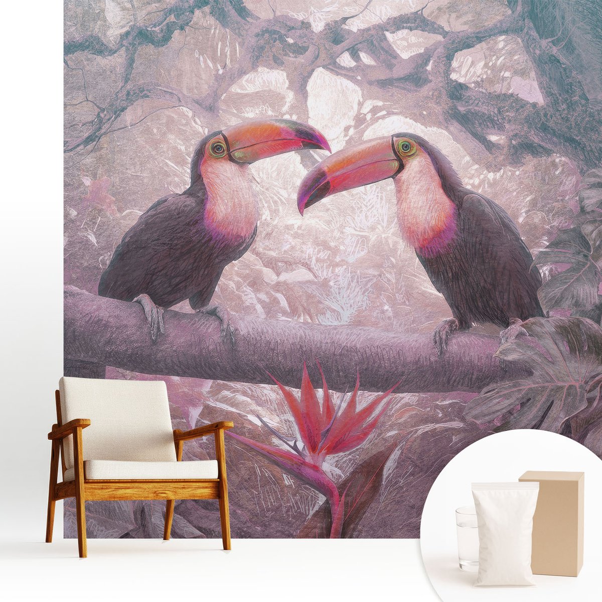 Wallfluent Fotobehang - Roze Vliesbehang - 250x250 cm - Exotisch Stel Fotobehang Vlies - Woonkamer behang Dieren - Muurschildering - Woonkamer behang