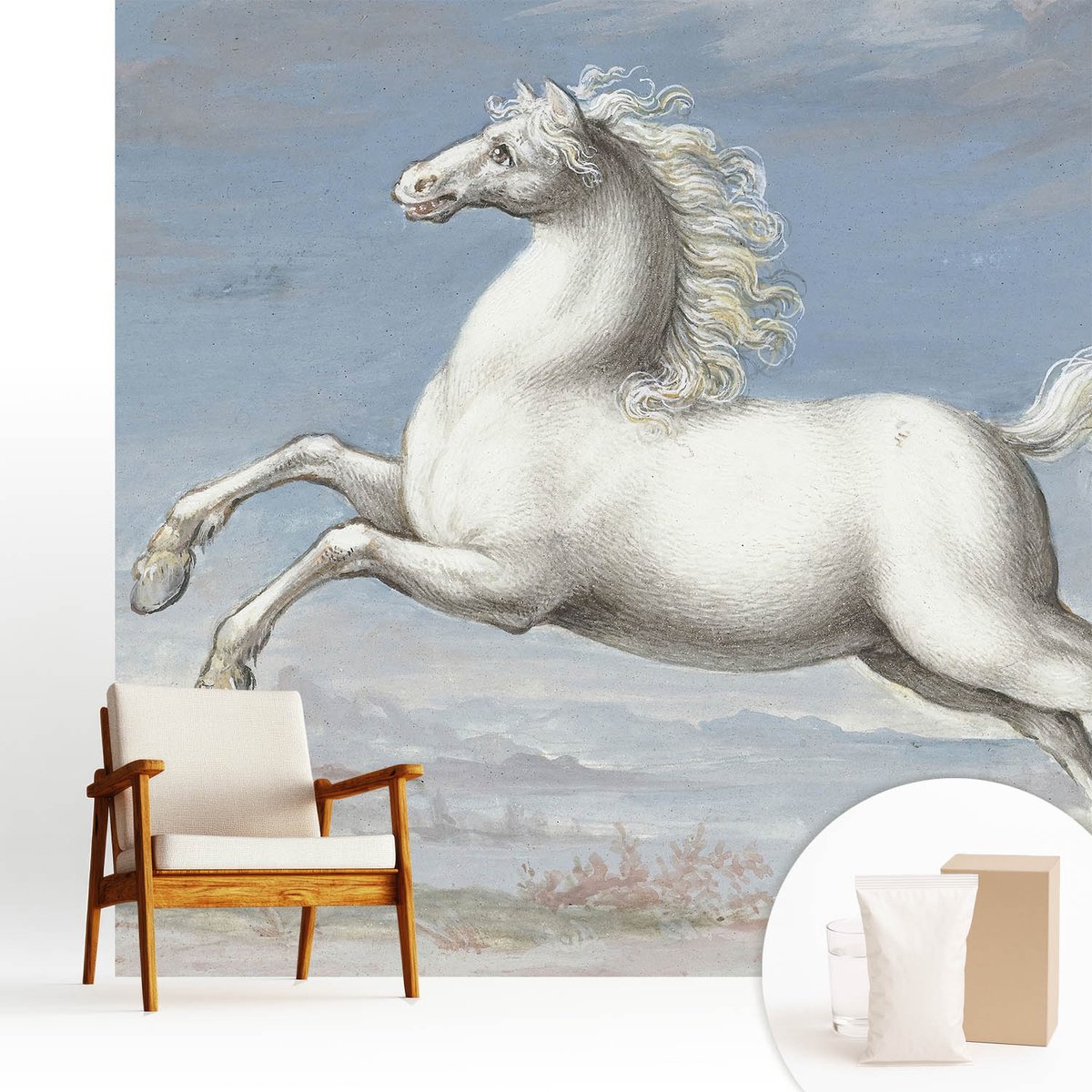 Wallfluent Fotobehang - Wit Vliesbehang - 250x250 cm - Paarden In De Hindernis Fotobehang Vlies - Woonkamer behang Dieren - Muurschildering - Hal behang