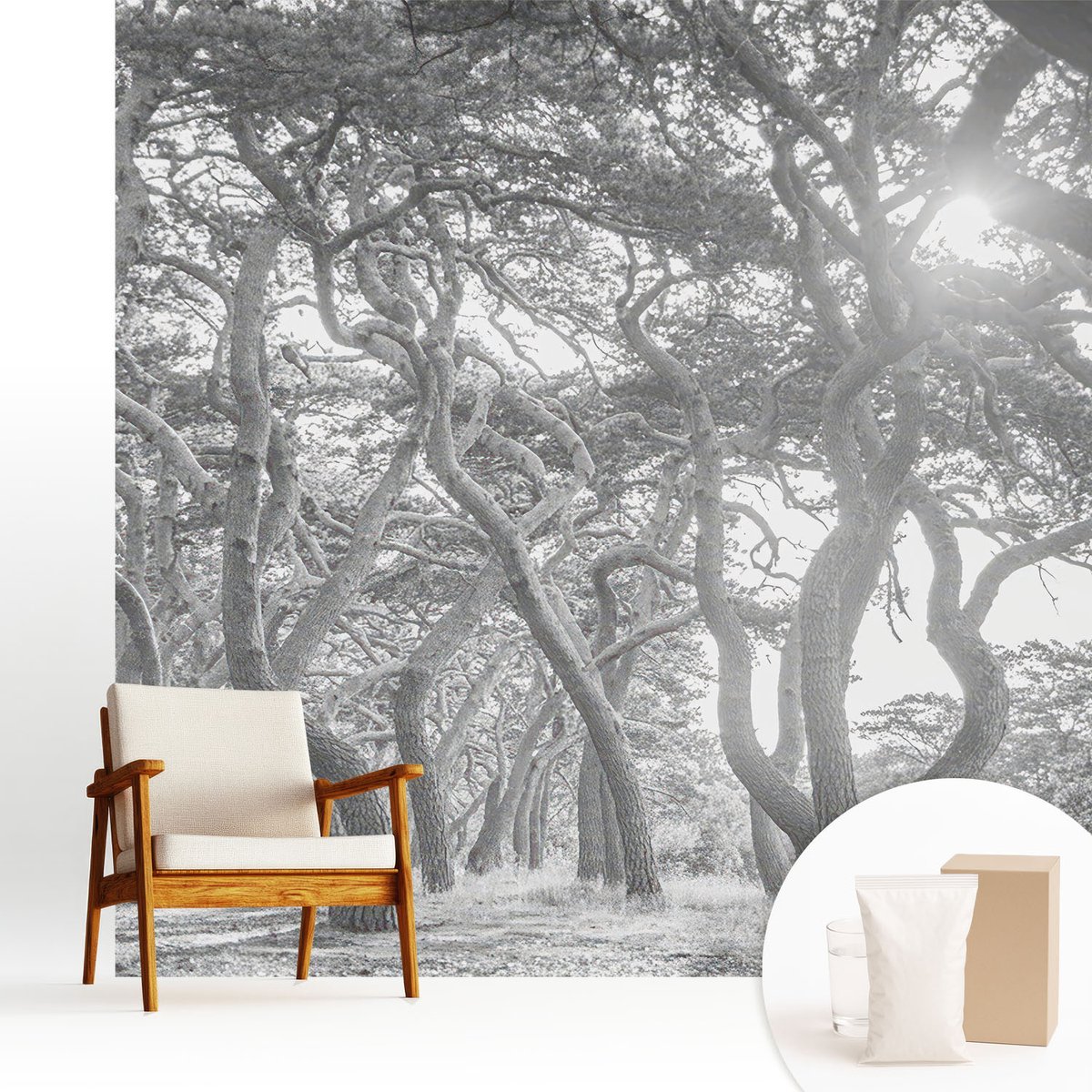 Wallfluent Fotobehang - Zwart-Wit Vliesbehang - 250x250 cm - Atmosferisch Bos Muurschildering - Slaapkamer behang Landschappen - Fotobehang Vlies - Slaapkamer behang