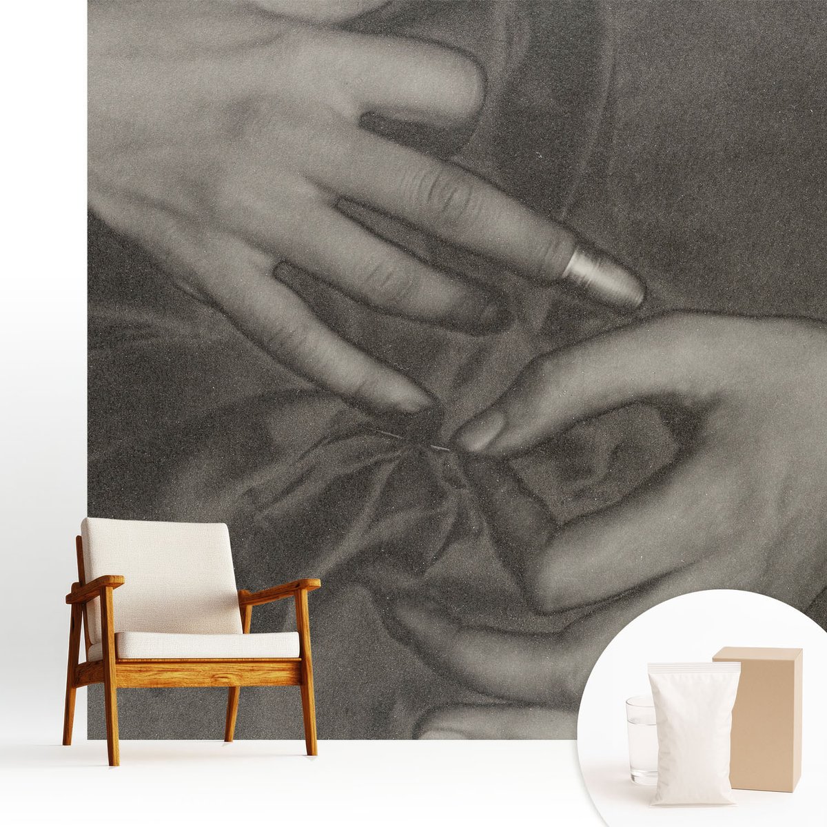 Wallfluent Fotobehang - Zwart Vliesbehang - 250x250 cm - Handenmateriaal Fotobehang Vlies - Woonkamer behang Mensen - Muurschildering - Hal behang