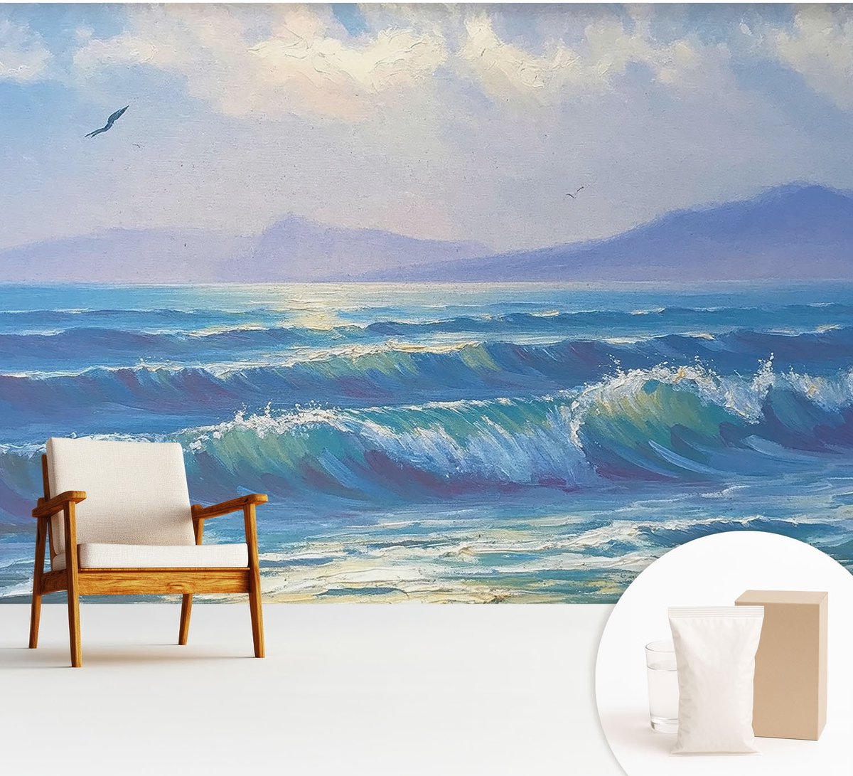 Wallfluent Fotobehang - Blauw Vliesbehang - 312x219 cm - Zeegolven Fotobehang Vlies - Woonkamer behang Landschappen - Muurschildering - Hal behang