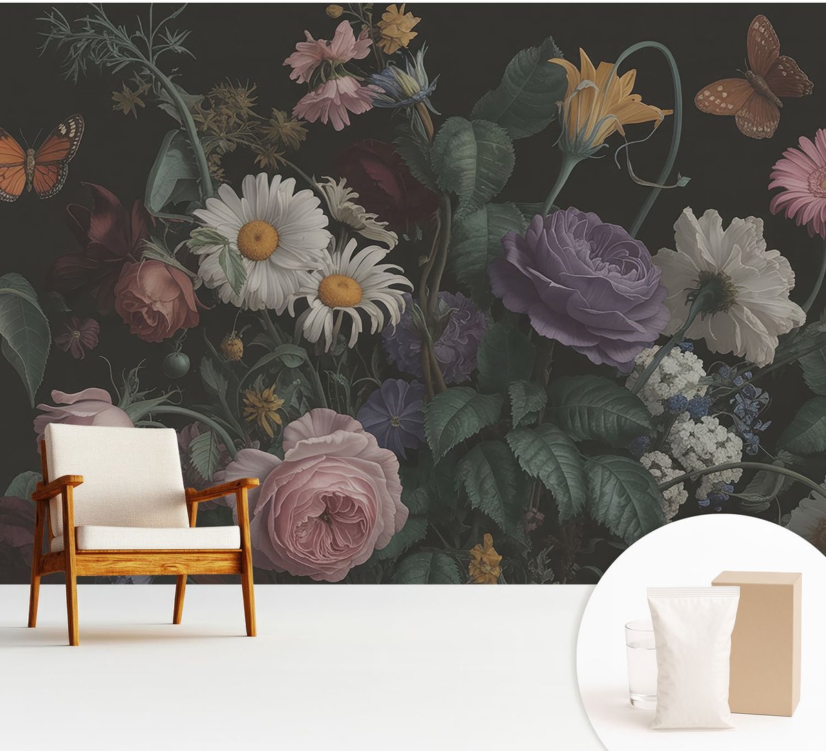 Wallfluent Fotobehang - Zwart Vliesbehang - 312x219 cm - Bloemige Elegantie Fotobehang Vlies - Hal behang Bloemen En Planten - Muurschildering - Woonkamer behang