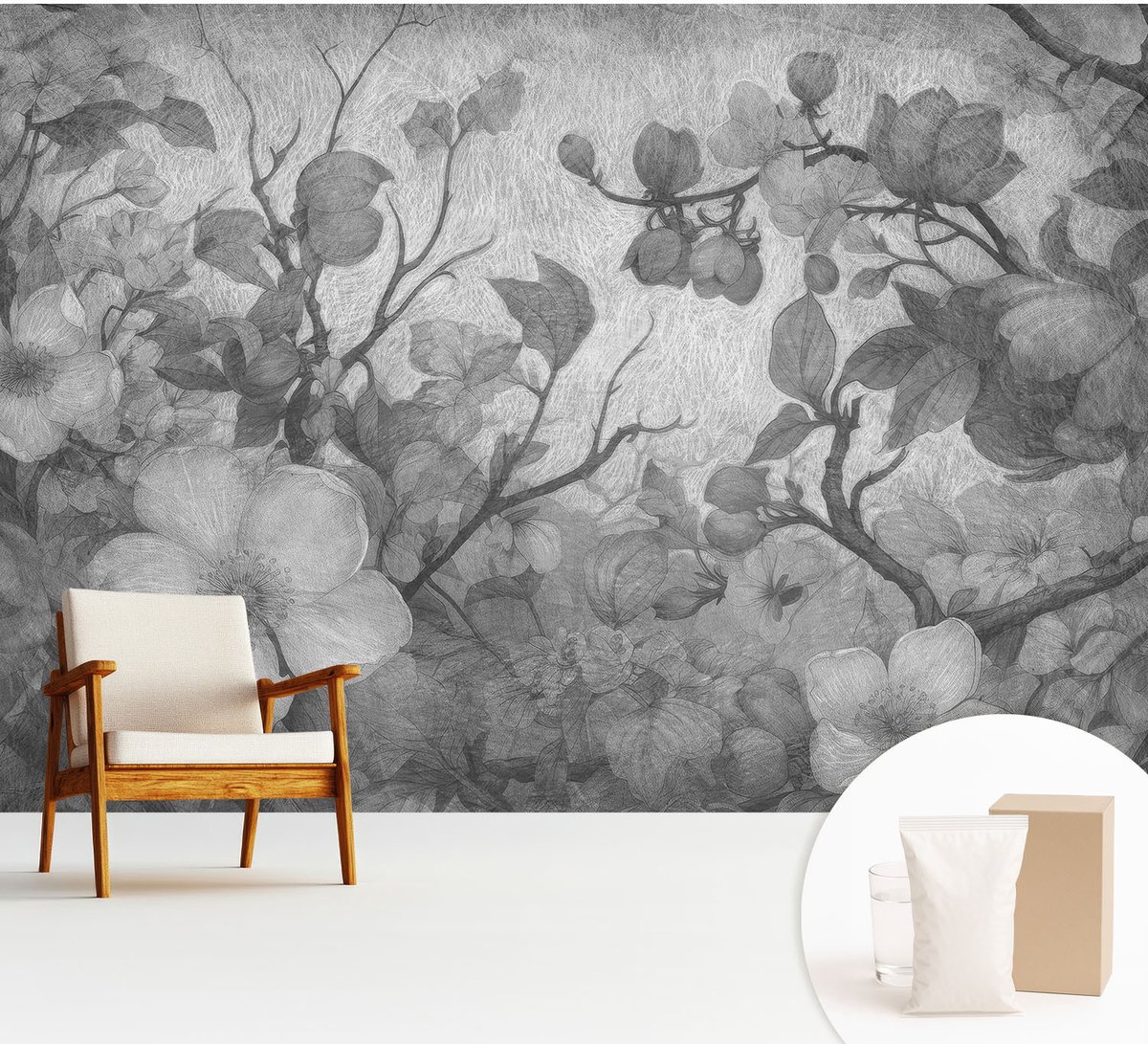 Wallfluent Fotobehang - Zwart-Wit Vliesbehang - 312x219 cm - Bloemtak Muurschildering - Gang behang Bloemen En Planten - Fotobehang Vlies - Slaapkamer behang