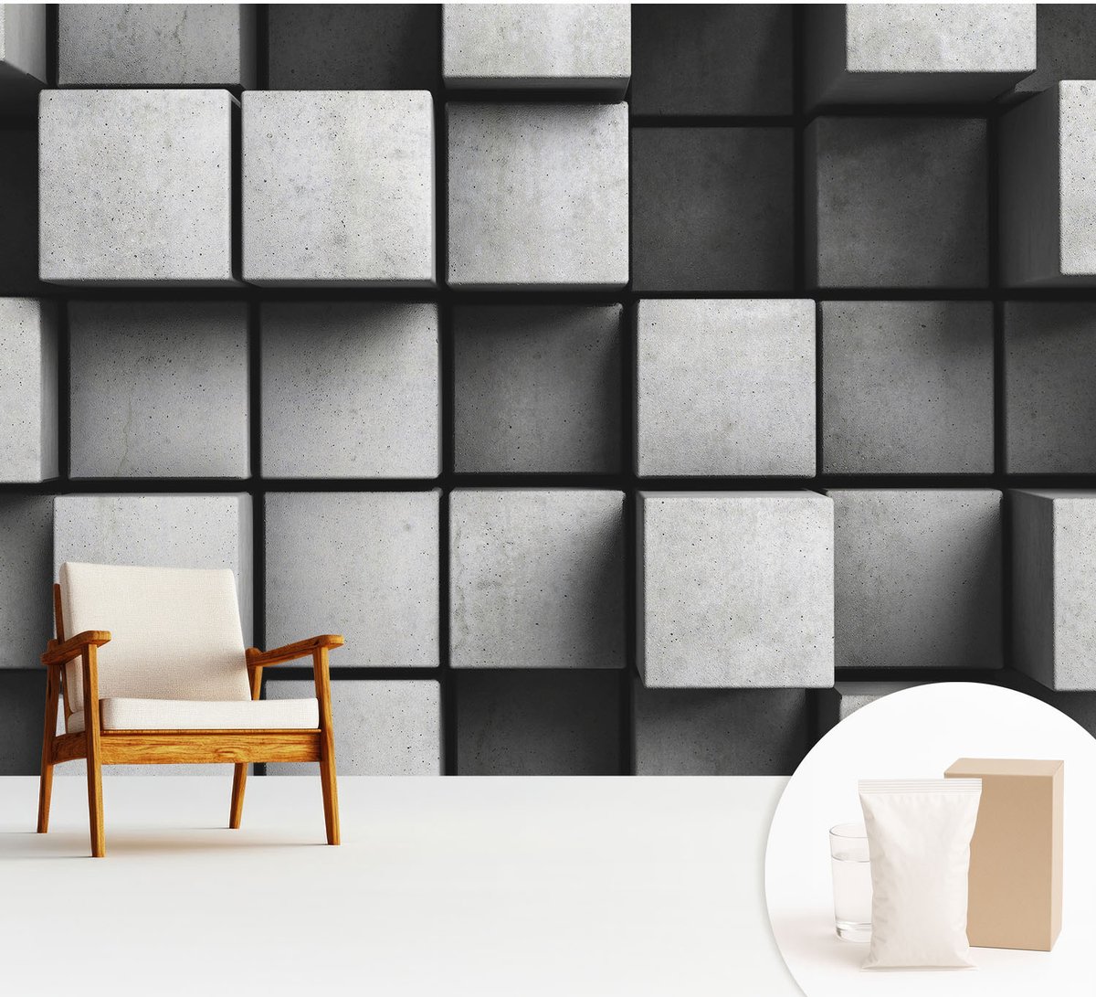 Wallfluent Fotobehang - Grijs Vliesbehang - 312x219 cm - Geometrische Kubussen Muurschildering - Gang behang Geometrie - Fotobehang Vlies - Slaapkamer behang