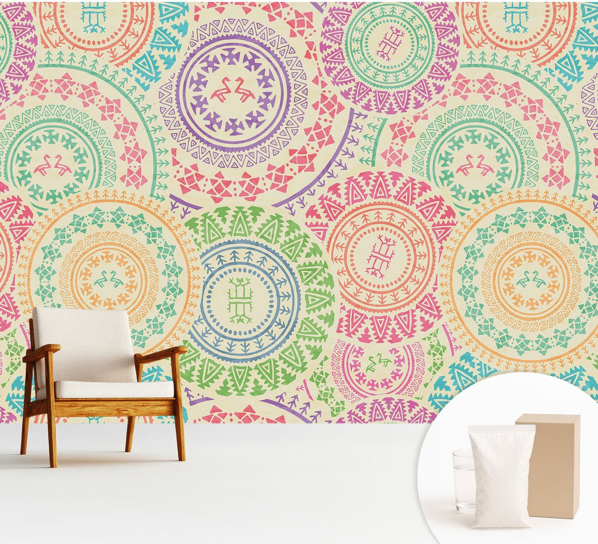 Wallfluent Fotobehang - Beige Vliesbehang - 312x219 cm - Kleurrijke Mandala'S Muurschildering - Gang behang Achtergronden En Patronen - Fotobehang Vlies - Slaapkamer behang