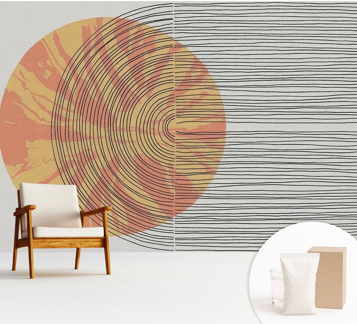 Wallfluent Fotobehang - Grijs Vliesbehang - 312x219 cm - Cirkel Met Lijnen Muurschildering - Gang behang Abstractie - Fotobehang Vlies - Slaapkamer behang