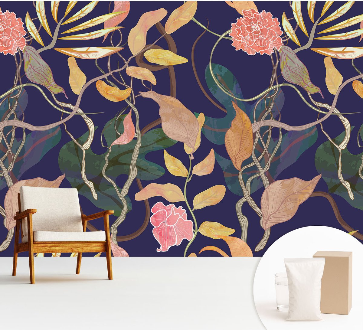 Wallfluent Fotobehang - Wit Vliesbehang - 312x219 cm - Plantaardige Elegantie Fotobehang Vlies - Hal behang Bloemen En Planten - Muurschildering - Woonkamer behang