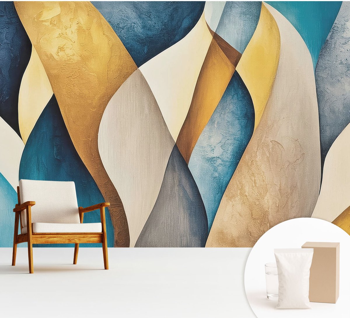 Wallfluent Fotobehang - Blauw Vliesbehang - 312x219 cm - Golvende Abstractie Muurschildering - Slaapkamer behang Abstractie - Fotobehang Vlies - Gang behang