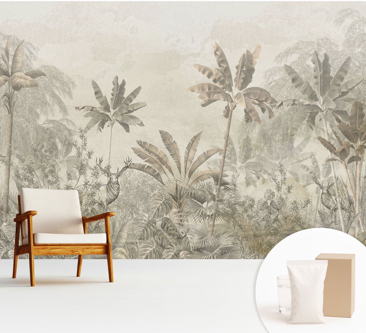 Wallfluent Fotobehang - Grijs Vliesbehang - 312x219 cm - Tropische Jungle Muurschildering - Gang behang Bloemen En Planten - Fotobehang Vlies - Slaapkamer behang