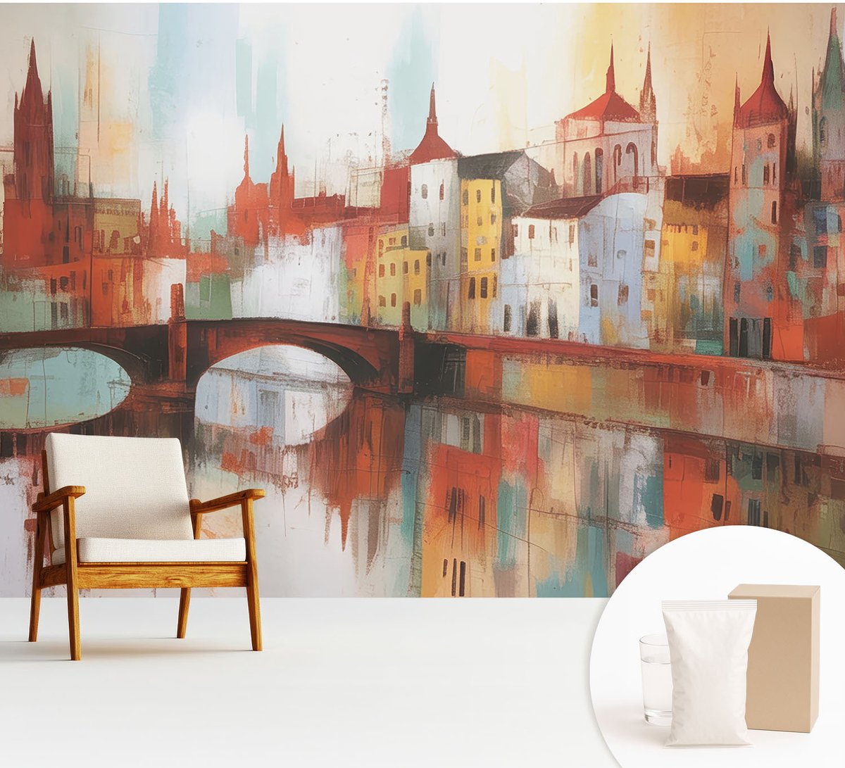 Wallfluent Fotobehang - Oranje Vliesbehang - 312x219 cm - Stadslandschap Fotobehang Vlies - Woonkamer behang Architectuur - Muurschildering - Hal behang